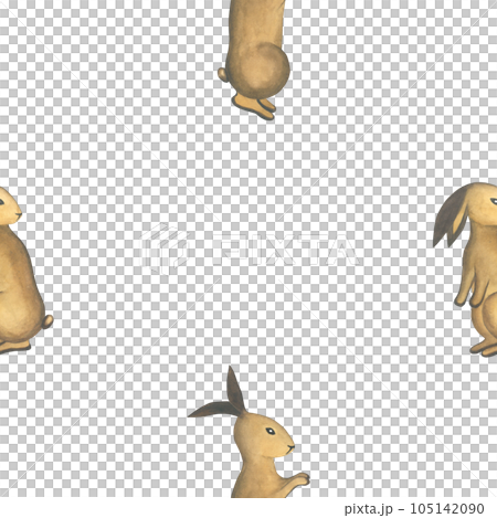 Watercolor illustration of rabbits isolated on a transparent background, made by hand, in the style of a medieval tapestry seamless pattern 105142090