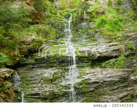 Waterfalls forest Vysoky vodopad, aerial drone stream way through stones fairytale summer landscape Jeseniky, beauty of virgin nature untouched primeval forest, crystal clear water wilderness Europe Waterfalls forest Vysoky vodopad, aerial drone stream way through stones fairytale summer landscape Jeseniky, beauty of virgin nature untouched primeval forest, crystal clear water wilderness Europe 105142333