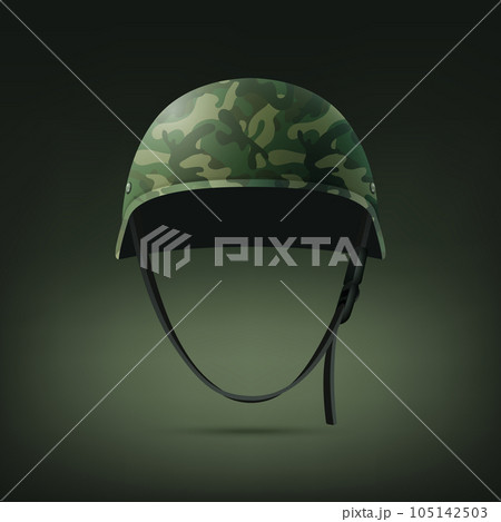 Vector 3d Realistic Military Helmet Closeup. Helmet, Army Symbol of Defense and Protect. Soldier Helmet Design Template 105142503