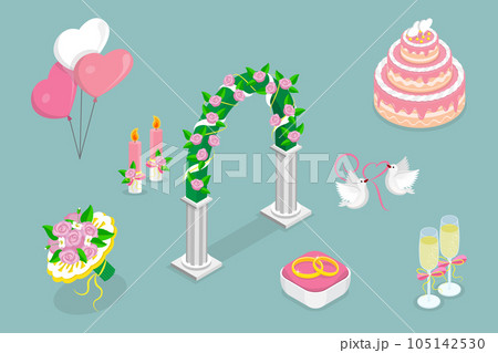 3D Isometric Flat Vector Set of Wedding Elements 3D Isometric Flat Vector Set of Wedding Elements 105142530