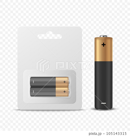 Vector 3d Realistic Two Alkaline Black and Brown Battery in Paper Blister and Battery Icon Closeup Set Isolated. AA Size, Horizontal Position. Design Template for Branding, Mockup Vector 3d Realistic Two Alkaline Black and Brown Battery in Paper Blister and Battery Icon Closeup Set Isolated. AA Size, Horizontal Position. Design Template for Branding, Mockup 105143315
