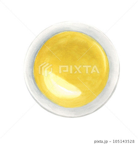 Olive oil bowl top view. Hand drawn watercolor illustration on a white background. For menu, product and italian, greek, spanish cuisine design. 105143528