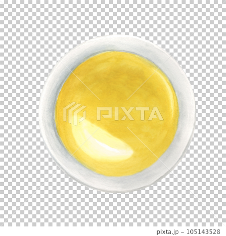 Olive oil bowl top view. Hand drawn watercolor illustration on a white background. For menu, product and italian, greek, spanish cuisine design. 105143528