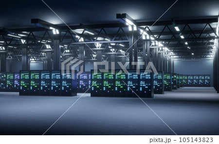 High tech facility designed to ensure critical data is stored and processed in secure, reliable, and highly available manner. Servers requiring massive computational firepower, 3D render animation 105143823