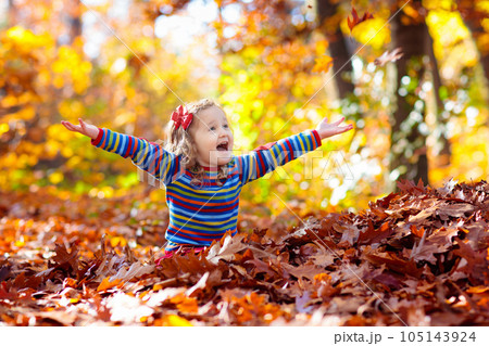Child in fall park. Kid with autumn leaves. Child in fall park. Kid with autumn leaves. 105143924