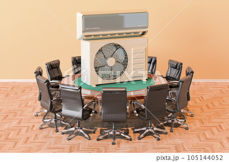Round table with air conditioner and armchairs around, 3D rendering 105144052