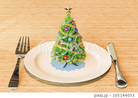 Christmas cooking concept. Dinner plate with Christmas tree. 3D rendering 105144053