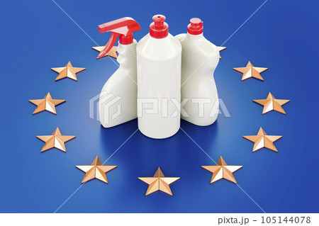 Detergent, cleaning products on the European Union flag. 3D rendering 105144078