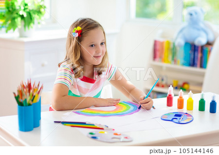 Kids paint. Child painting. Little girl drawing. Kids paint. Child painting. Little girl drawing. 105144146