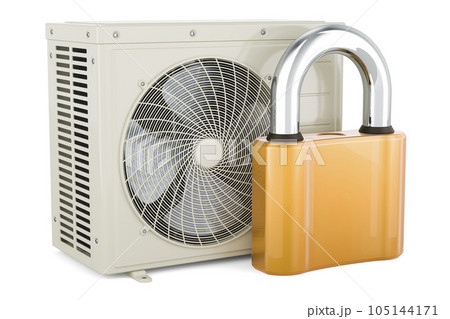 Air conditioner, outdoor compressor unit with padlock. 3D rendering Air conditioner, outdoor compressor unit with padlock. 3D rendering 105144171