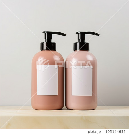 Two plastic dispenser bottle mockup, cosmetic and care product pump bottle front view Two plastic dispenser bottle mockup, cosmetic and care product pump bottle front view 105144653