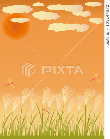 ススキと赤とんぼと夕暮れの秋をイメージしたイラスト　縦書きバージョン 105144872