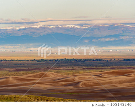 Sunny view of the landscape of Great Sand Dunes National Park and Preserve Sunny view of the landscape of Great Sand Dunes National Park and Preserve 105145240