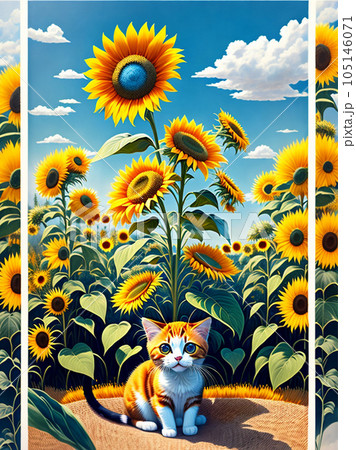 子猫とひまわり、6のイラスト素材 [105146071] - PIXTA