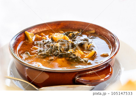 Traditional tomato based Italian minestrone soup served in restaurant in Greve Tuscany 105147533