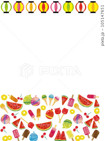 水彩タッチ 日本の祭りアイテムと夏の食べ物フレーム 縦 水彩タッチ 日本の祭りアイテムと夏の食べ物フレーム 縦 105147651
