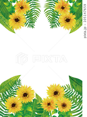 水彩タッチ　南国の葉っぱとひまわりフレーム上下　縦 105147659