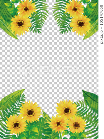 水彩觸摸熱帶樹葉和向日葵框架頂部和底部垂直 105147659