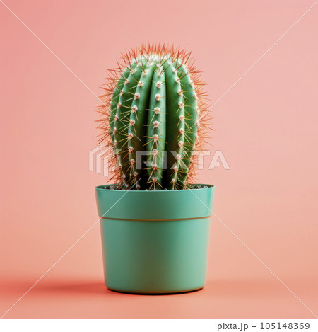 A green prickly cactus in a clay pot on a bright background. Minimalism. A green prickly cactus in a clay pot on a bright background. Minimalism. 105148369