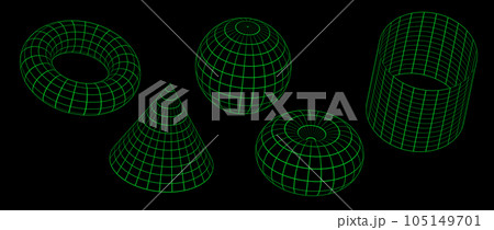 Green neon wireframe shapes collection. 3d outline sphere, cylinder, cone and torus. Geometric elements for design templates, icons, logo. Abstract lattice objects with connected lines. Vector pack Green neon wireframe shapes collection. 3d outline sphere, cylinder, cone and torus. Geometric elements for design templates, icons, logo. Abstract lattice objects with connected lines. Vector pack 105149701