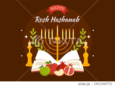 Happy Rosh Hashanah Vector Illustration of Jewish New Year Holiday with Apple, Pomegranate, Honey and Bee in Flat Cartoon Hand Drawn Templates 105149771