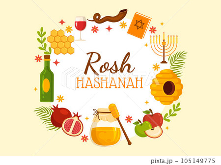 Happy Rosh Hashanah Vector Illustration of Jewish New Year Holiday with Apple, Pomegranate, Honey and Bee in Flat Cartoon Hand Drawn Templates Happy Rosh Hashanah Vector Illustration of Jewish New Year Holiday with Apple, Pomegranate, Honey and Bee in Flat Cartoon Hand Drawn Templates 105149775