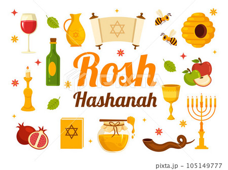 Happy Rosh Hashanah Vector Illustration of Jewish New Year Holiday with Apple, Pomegranate, Honey and Bee in Flat Cartoon Hand Drawn Templates 105149777