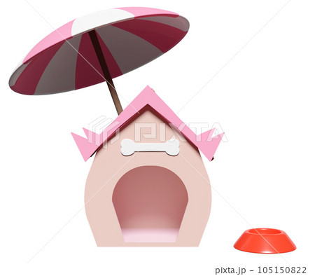 3d dog house and bone symbol, pets kennel cartoon empty umbrella or parasol isolated. 3d render illustration 105150822