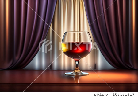 A glass of red drink against the backdrop of curtains. AI Generative 105151317