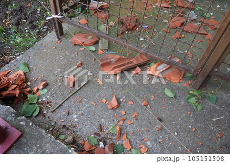 Aftermath of the hurricane 07,19,23 Sremska Mitrovica, Serbia. On the pavement are fragments of bricks and ceramic tiles that have fallen from the roofs. State of emergency after a catastrophic storm 105151508