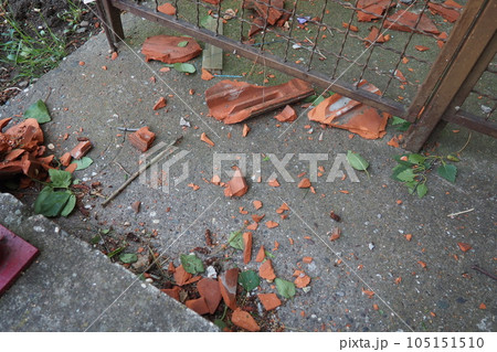 Aftermath of the hurricane 07,19,23 Sremska Mitrovica, Serbia. On the pavement are fragments of bricks and ceramic tiles that have fallen from the roofs. State of emergency after a catastrophic storm 105151510