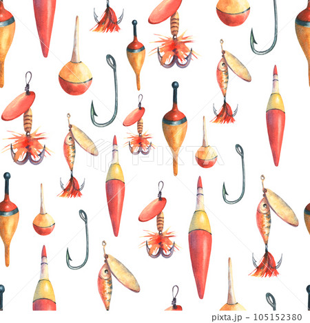 Seamless pattern with fishing tackle, bobber float,, hooks and lures. Hand drawn watercolor painting isolated on white background, cut out clip art element for textile, postcards, scrapbooking. 105152380