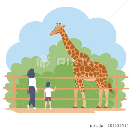 Mother and child look at a giraffe in the zoo 105153514