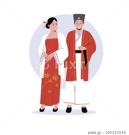 Chinese couple in traditional clothes vector illustrations. Group chinese male and female cartoon characters. Flat vector illustration isolated on white background Chinese couple in traditional clothes vector illustrations. Group chinese male and female cartoon characters. Flat vector illustration isolated on white background 105153534