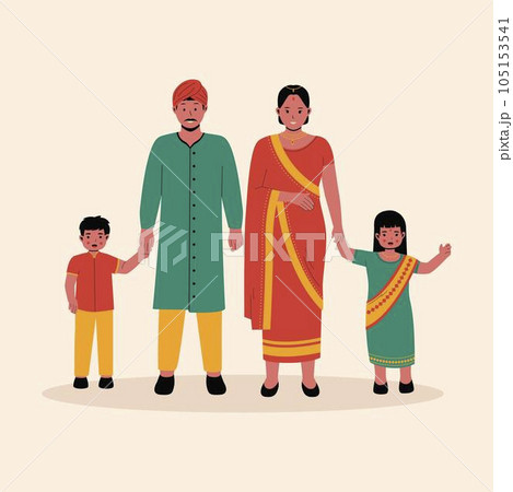 Family Indian in traditional clothes illustration. Traditional costumes. Group indian family cartoon characters. Flat vector illustration isolated on white background 105153541
