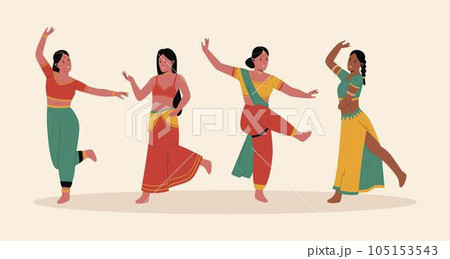 Indian woman performing traditional dance illustration set. Traditional costumes. Group indian female cartoon characters. Flat vector illustration isolated on white background Indian woman performing traditional dance illustration set. Traditional costumes. Group indian female cartoon characters. Flat vector illustration isolated on white background 105153543