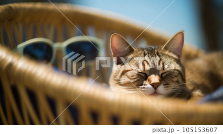 Cute sleepy tabby cat relax under sunshine in a basket on the beach in hot summer with sunglasses and blue sky. Generative AI 105153607
