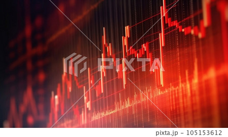 Red candle sitcks, price chart indicator, stock market index on the screen, bearish market, recession concept illustration. Generative AI Red candle sitcks, price chart indicator, stock market index on the screen, bearish market, recession concept illustration. Generative AI 105153612