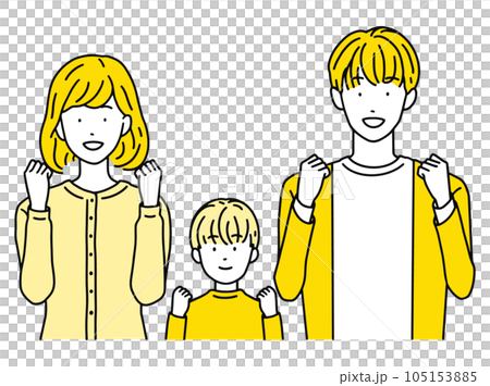 A couple and children who are happy to do a guts pose Men & women A couple and children who are happy to do a guts pose Men & women 105153885