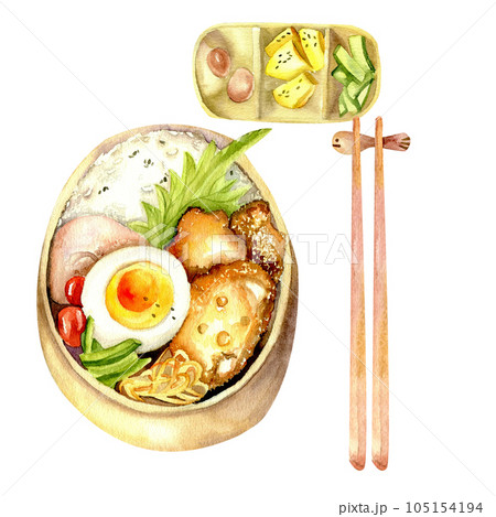 Japanese traditional watercolor luch set : bento with chicken ,rice and egg, plate with cucumber , eggs and tofu 105154194