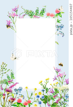 Vertical frame from realistic meadow wildflowers - field bell, clover, yarrow, bee and butterfly hand-drawn. Watercolor floral natural illustration on light-blue background with white center for photo Vertical frame from realistic meadow wildflowers - field bell, clover, yarrow, bee and butterfly hand-drawn. Watercolor floral natural illustration on light-blue background with white center for photo 105154407