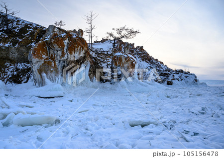 evening light through the trees and rocks. Winter Baikal. Small sea. 105156478