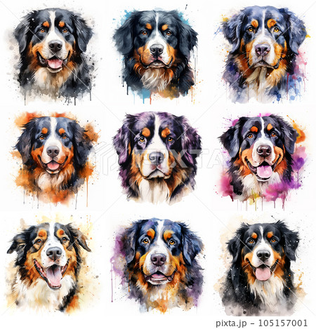 Set of dogs breed Bernese Mountain painted in watercolor on a white background in a realistic manner. Ideal for teaching materials, books and designs, postcards, posters. Set of dogs breed Bernese Mountain painted in watercolor on a white background in a realistic manner. Ideal for teaching materials, books and designs, postcards, posters. 105157001