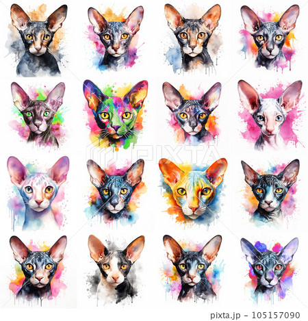Set of cats painted in watercolor on a white background in a realistic manner, colorful, rainbow. Set of cats painted in watercolor on a white background in a realistic manner, colorful, rainbow. 105157090