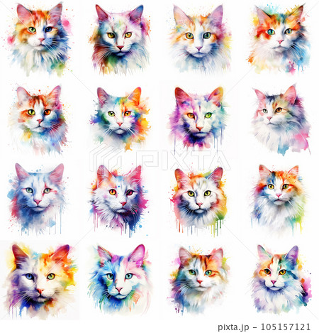 Set of cats painted in watercolor on a white background in a realistic manner, colorful, rainbow. 105157121