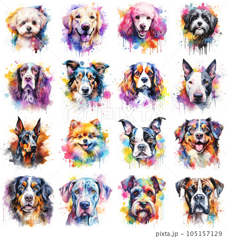 Set of dogs of various breeds painted in watercolor on a white background in a realistic manner, colorful, rainbow. 105157129