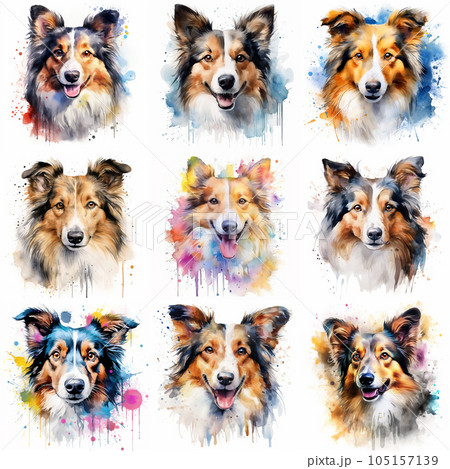 Set of dogs breed Shetland Sheepdog painted in...のイラスト素材 [105157139 ...