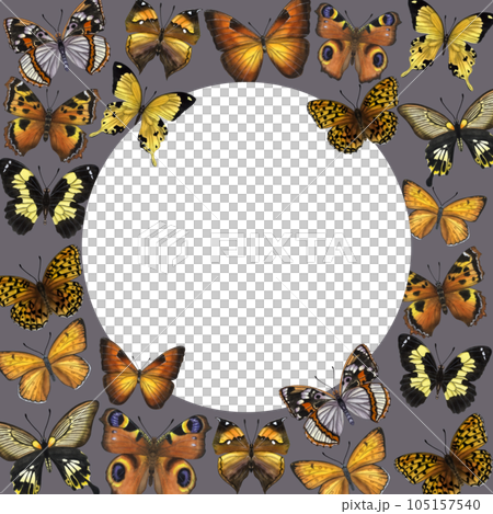 Round frame beautiful butterflies, yellow orange. Hand-drawn watercolor illustration isolated on white background. Can be used for card, poster, logo Round frame beautiful butterflies, yellow orange. Hand-drawn watercolor illustration isolated on white background. Can be used for card, poster, logo 105157540