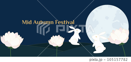 Mid Autumn Festival background with rabbits, full moon and watter lily. Chuseok.Vector illustration Mid Autumn Festival background with rabbits, full moon and watter lily. Chuseok.Vector illustration 105157782