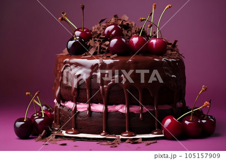 Chocolate cake with cherry and icing 105157909